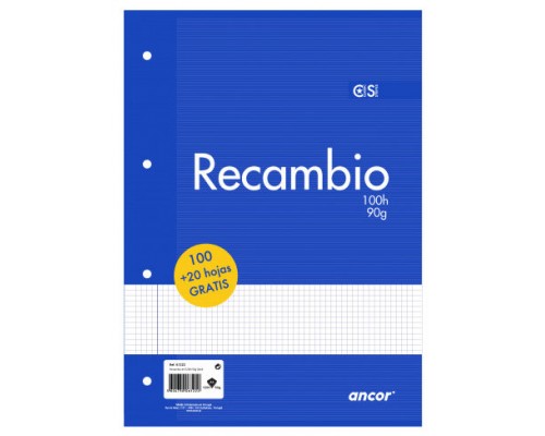 RECAMBIO A4 100+20 HOJAS 90G Q4X4 4 TALADROS ANCOR 061222 (Espera 4 dias)