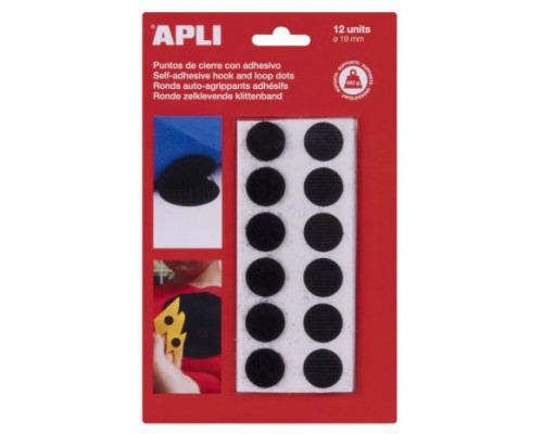 BLISTER 12 PUNTOS TIPO VELCRO ADHESIVOS COLOR NEGRO 19 MM DIAMETRO APLI 13658 (Espera 4 dias)