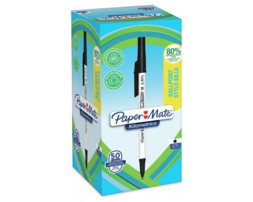 CAJA 50 BOLÍGRAFOS PAPER MATE KILOMÉTRICO PUNTA MEDIANA (1,0MM) TINTA NEGRA 80% PLÁSTICO RECICLADO PAPER MATE 2187701 (Espera 4 dias)