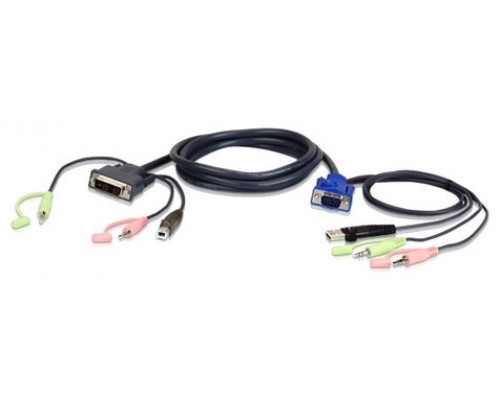 Aten 2L-7DX2U adaptador de cable de vídeo 1,8 m HDB-15 Male, USB A, Mini Stereo Jack DVI-I (Single Link), USB B, Mini Stereo Jack Negro, Verde, Rosa (Espera 4 dias)