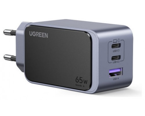 Ugreen Nexode Air 65W sieninis kroviklis, USB + 2x USB-C pilkos spalvos Ordenador port&aacute;til, Tel&eacute;fono m&oacute;vil, Rat&oacute;n, Port&aacute;til, Bater&iacute;a port&aacute;til, Tableta Gris Corriente alterna Carga r&aacute;pida Interior (Es