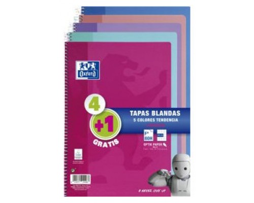 PACK 4+1 CUADERNO ESPIRAL TAPA BLANDA FOLIO 80 HOJAS 4X4 CON MARGEN COLORES TENDENCIA OXFORD 400072719 (Espera 4 dias)