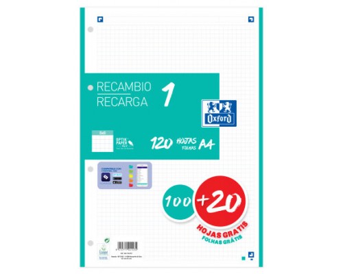 RECAMBIO COLOR 1 A4  100+20 HOJAS 5X5 ICE MINT 90GRS OXFORD 400158057 (Espera 4 dias)