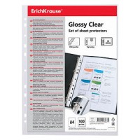 SET DE 100 FUNDAS MULTITALADRAS GLOSSY CLEAR, 60 MCM, A4, TRANSPARENTE ERICH KRAUSE 46703 (Espera 4 dias)