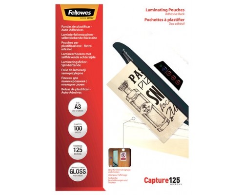 PACK 100 BOLSAS PLASTIFICACION AUTOADHESIVAS 125 MICRAS A3 FELLOWES 5329001 (Espera 4 dias)