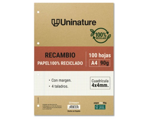 RECAMBIO RECICLADO A4 100 HOJAS 90GR CUADRICULA 4X4 MM CON TALADROS UNINATURE 53392700 (Espera 4 dias)