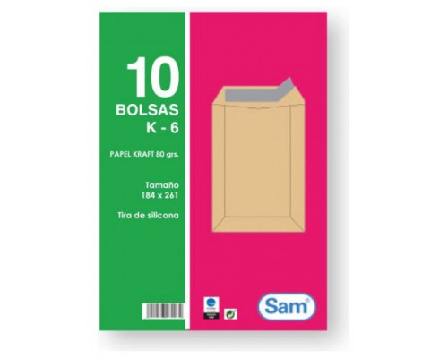 PAQUETES DE 10 BOLSAS KRAFT, CON TIRA DE SILICONA TAMAÑO 184X261 80 GRS. SAM 665099 (Espera 4 dias)