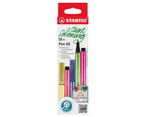 ESTUCHE CARTON ZIG-ZAG ROTULADORES PUNTA FIBRA MEDIA 1MM. PEN 68 CON 18 UNIDADES COLORES SURTIDOS STABILO 6818-8 (Espera 4 dias)