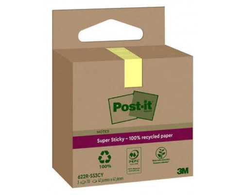 PACK 3 BLOCS 70 HOJAS NOTAS RECICLADAS ADHESIVAS 47,6X47,6MM SUPER STICKY AMARILLO PASTEL CAJA CARTÓN 622 RSS3CY POST-IT 7100284575 (Espera 4 dias)