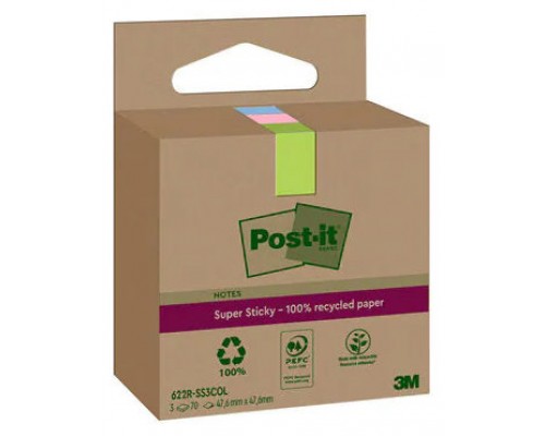 PACK 3 BLOCS 70 HOJAS NOTAS RECICLADAS ADHESIVAS 47,6X47,6MM SUPER STICKY COLORES SURTIDOS CAJA CARTÓN 622 RSS3COL POST-IT 7100284577 (Espera 4 dias)