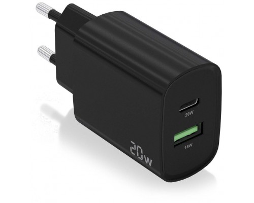 AISENS - CARGADOR 20W, 1xUSB-C PD3.0, 1xUSB-A QC3.0, NEGRO