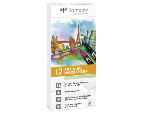 Tombow ABT-12P-2 rotulador Fino Azul, Verde, Gris, Azul claro, Verde claro, Menta, Rosa, Púrpura, Amarillo 12 pieza(s) (Espera 4 dias)