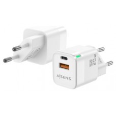 AISENS - CARGADOR GAN 20W, 1XUSB-C PD3.0 QC4.0, 1XUSB-A QC3.0, BLANCO