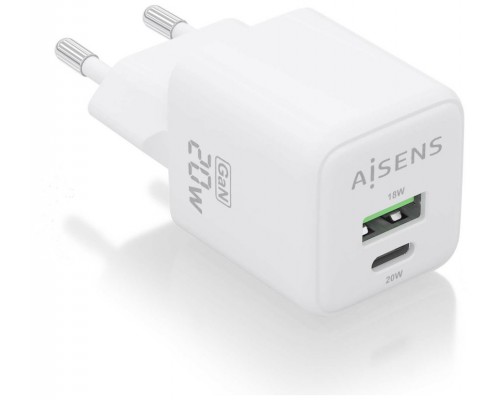 AISENS - CARGADOR GaN 20W, 1xUSB-C PD3.0 QC4.0, 1xUSB-A QC3.0, BLANCO