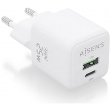 AISENS - CARGADOR GaN 25W, 1xUSB-C PD3.0 QC4.0, 1xUSB-A QC3.0, BLANCO