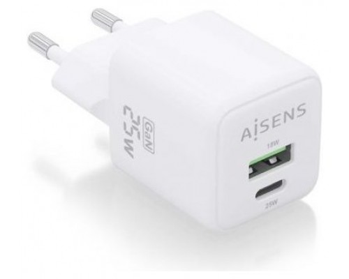 AISENS - CARGADOR GaN 25W, 1xUSB-C PD3.0 QC4.0, 1xUSB-A QC3.0, BLANCO