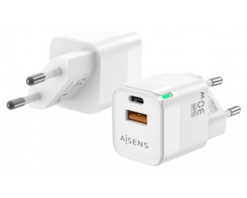 AISENS - CARGADOR GAN 30W, 1XUSB-C PD3.0 QC4.0, 1XUSB-A QC3.0, BLANCO