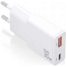 AISENS - CARGADOR GaN ULTRA DELGADO 30W, 1xUSB-C PD3.0 QC4.0, 1xUSB-A QC3.0, BLANCO
