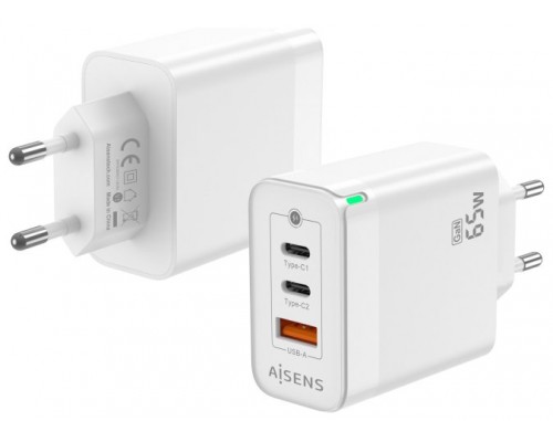 AISENS - CARGADOR GAN 65W, 2XUSB-C PD3.0 QC4.0, 1XUSB-A QC3.0, BLANCO