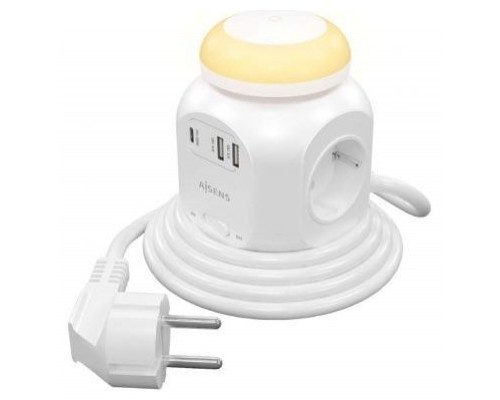 AISENS - REGLETA DE ENCHUFES SOBREMESA MULTIFUNCION CON 4 TOMAS + 1XUSB-C 20W PD3.0, 2XUSB-A 18W QC3.0, LUZ NOCTURNA, 1.8M, BLANCO
