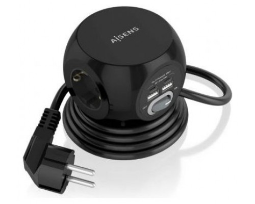 AISENS - REGLETA DE ENCHUFES SOBREMESA MULTIFUNCION CON 3 TOMAS + 2xUSB-C, 2xUSB-A, 1.4M, NEGRO