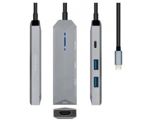 AISENS - USB-C DOCK 4 EN 1, USB-C A 1xHDMI, 2xUSB, 1xPD, GRIS, 15CM