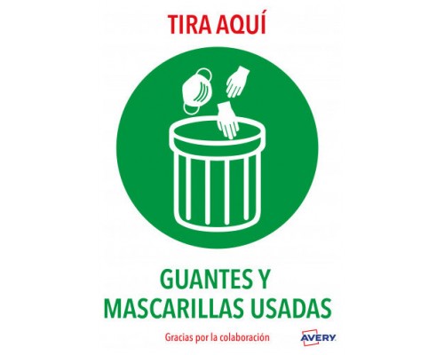 SEÑALES ADHESIVOS PREIMPRESO  "TIRA AQUÍ GUANTES Y MASCARILLAS USADAS" SOBRE DE 2 HOJAS EN A4 AVERY AV_KITCOVID7_ES (Espera 4 dias)