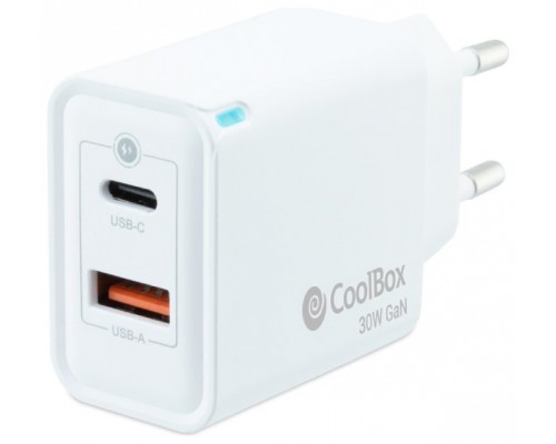 CARGADOR PARED/VIAJE 3.0 GaN USB-C/PD + USB-A 30W BLANCO COOLBOX (Espera 4 dias)