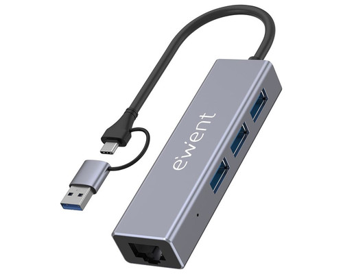EWENT HUB 3 PUERTOS USB-A 3.1 + 1 PUERTO GIGABIT, COMPATIBLE USB-C