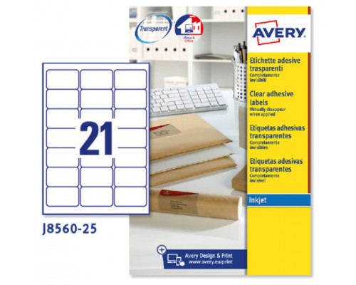 PAQUETE 25 HOJAS ETIQUETAS TRANSPARENTES QUICKPEEL-IMPRESORAS DE INYECCIÓN DE TINTA-63,5X38,1 MM AVERY J8560-25 (Espera 4 dias)