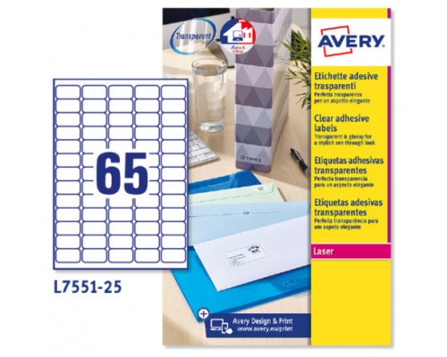 PAQUETE 25 HOJAS MINI ETIQUETAS TRANSPARENTES-IMPRESORAS LÁSER-38,1X21,2 MM AVERY L7551-25 (Espera 4 dias)