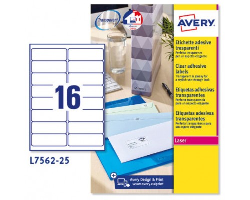 PAQUETE 25 HOJAS ETIQUETAS TRANSPARENTES QUICKPEEL-IMPRESORAS LÁSER-99,1X33,9 MM AVERY L7562-25 (Espera 4 dias)