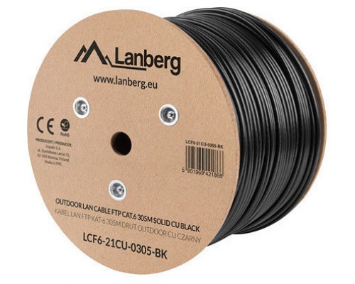 BOBINA CAT.6 LANBERG OUTDOOR FTP RJ45 SOLIDO COBRE FLUKE TESTED AWG24 305M NEGRO