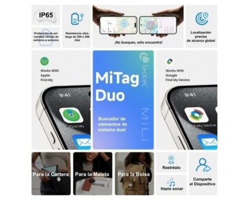 LOCALIZADOR GPS MITAG DUO IOS/ANDROID BLANCO + LLAVERO MARRON LEOTEC (Espera 4 dias)