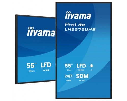 MONITOR TACTIL IIYAMA 55" 3840X2160, UHD VA, 500CD/M2, HORIZ VERT,FAILOVER,MM 2X 10W, HDMI 3X, DP, DP-OUT, USB 2.0 X2, WIFI, LAN, MEDIA PLAY USB, LAN / RS232C, IISIGNAGE2, IISHARE, IICONTROL ANDROID 11, PC-SLOT SDM-L, 24/7, VESA 400X400 (LH5575UHS-B2