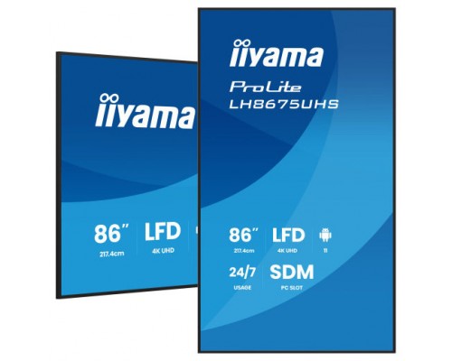 MONITOR TACTIL IIYAMA 86" 3840X2160, UHD VA, 500CD/M2, HORIZ VERT,FAILOVER, MM 2X 10W, HDMI 3X, DP, DP-OUT, USB 2.0 X2, WIFI, LAN, MEDIA PLAY USB, LAN / RS232C, IISIGNAGE2, IISHARE, IICONTROL ANDROID 11, PC-SLOT SDM-L, 24/7, VESA 600X400 (LH8675UHS-B
