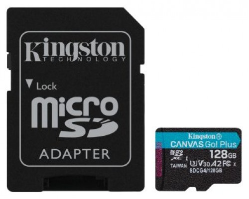 Kingston Technology Tarjeta microSDXC Canvas Go Plus Gen4 de 128 GB, 200 MB/s, A2 U3 V30 y adaptador (Espera 4 dias)