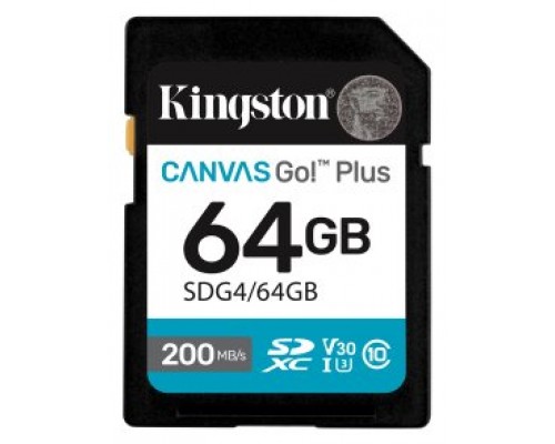 Kingston Technology 64GB SDXC Canvas Go Plus Gen4 200MB/s C10 UHS-I U3 V30 (Espera 4 dias)