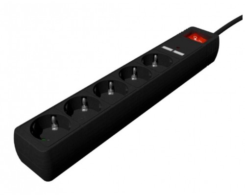 REGLETA CON CARGADOR USB, 5 ENCHUFES, 1.5 M, USB 2A, COLOR NEGRO