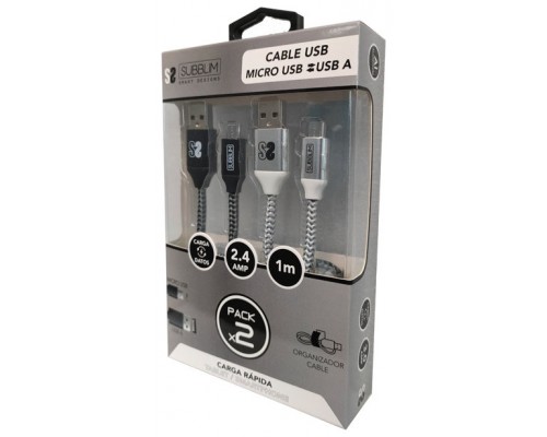 SUBBLIM PACK 2 CABLES USB A MICRO USB (2.4A) 1M BLACK/SILVER (Espera 4 dias)