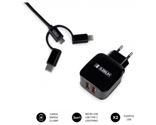 SUBBLIM CARGADOR USB DE VIAJE/PARED 2xUSB (2.4A) + CABLE 3EN1 BLACK Negro Interior (Espera 4 dias)