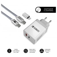 SUBBLIM CARGADOR ULTRA RAPIDO 2xUSB DE PARED PD25W+QC3.0+Cable C to C y lightning Blanco (Espera 4 dias)