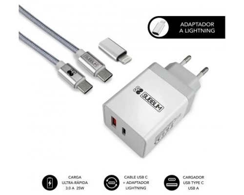 SUBBLIM CARGADOR ULTRA RAPIDO 2xUSB DE PARED PD25W+QC3.0+Cable C to C y lightning Blanco (Espera 4 dias)