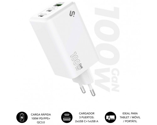 CARGADOR PARED/VIAJE 2xUSB-C + USB/A GaN 100W PD BLANCO SUBBLIM (Espera 4 dias)