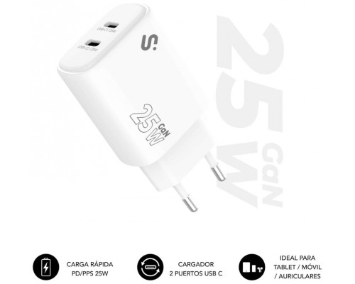 CARGADOR PARED/VIAJE 2x USB-C GaN 25W PD BLANCO SUBBLIM (Espera 4 dias)
