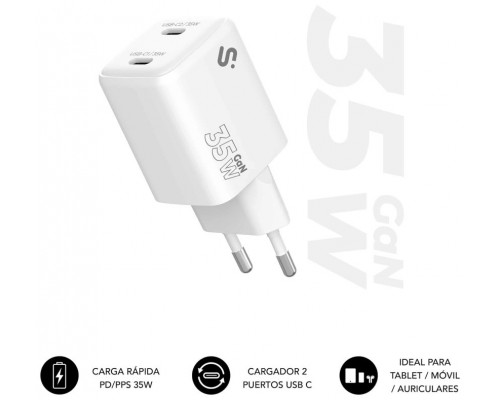 CARGADOR PARED/VIAJE USB-C + USB-C GaN 35W PD BLANCO SUBBLIM (Espera 4 dias)