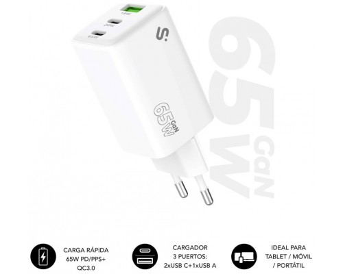CARGADOR PARED/VIAJE 2xUSB-C +USB-A GaN 65W PD BLANCO SUBBLIM (Espera 4 dias)