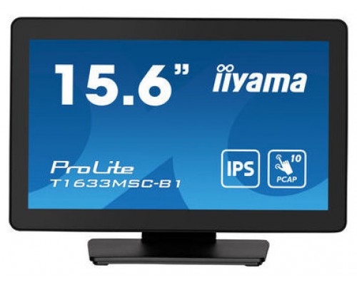 MONITOR IIYAMA 15,6" PCAP BEZEL FREE FRONT, 10P TOUCH, 1920X1080, DISPLAYPORT, HDMI, 385CD/M² (WITH TOUCH), SPEAKERS, USB INTERFACE HUB 2X 2.0, EXTERNAL POWER ADAPTER, 10P TOUCH WITH SUPPORTED OS (T1633MSC-B1) (Espera 4 dias)