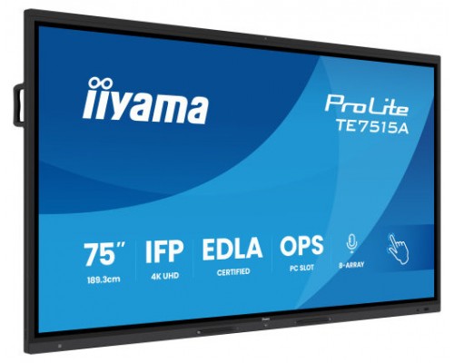 PANTALLA INTERACTIVA 75" EDLA, ANDROID 14, 16/128GB UHD IPS, MM 2X 20W  + 20W SUBWR, 2X HDMI, DP , 1X USB-C,  550CD/M, HORIZ , MEDIA PLAY USB PORTS, ANTIGLARE, LAN, RS232C, IIWARE WIFI-6/BT 5.0, OPS SLOT, VESA 400X400 (MOUNT INCLUDED) (TE7515A-B1AG) 