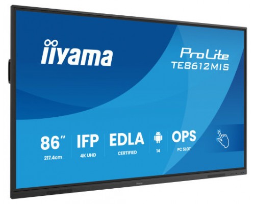 MONITOR INTERACTIVO IIYAMA 86" EDLA, ANDROID 14, 8/128GB, 40-P,3840X2160,UHD,MM 2X 20W,VGA,HDMI 2X /1XOUT, 2X USB-C,MINI-JACK OPTICAL OUT,USB TOUCH, 400CD/M2,LANDSC MODE,MEDIA PLAY USB, AG,LAN,RS232C,IIWARE,WIFI/BT,VESA 800X600,SLOT OPC (TE8612MIS-B4
